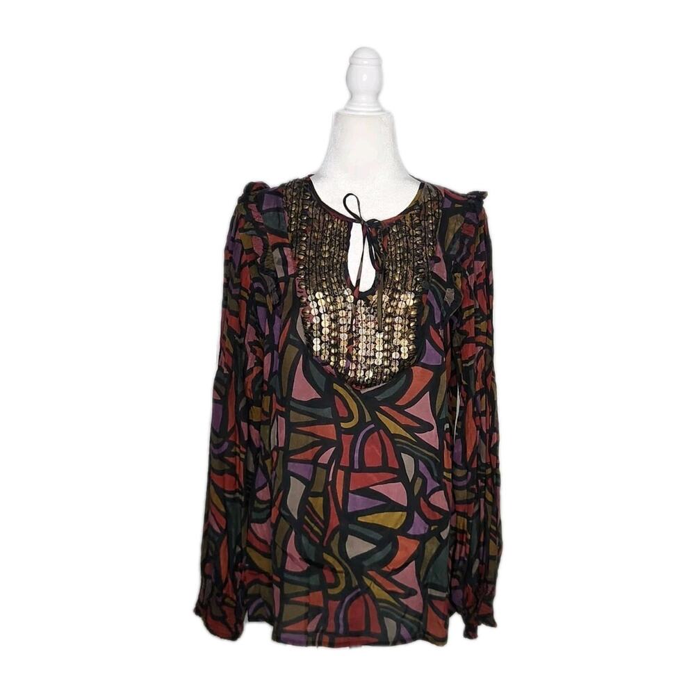 Desigual Multicolor Geometric Embellish Pleated Ruffle Long Sleeve Tunic size L